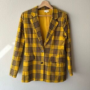 LPA Yellow Plaid Blazer Jacket Women XS Clueless Tartan Check Rayon Two Button